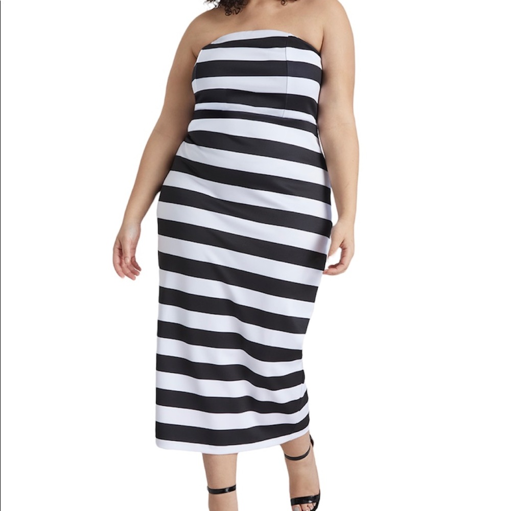 Eloquii Black and White Printed Stripe Knit Midi Dress with Bow Back Detail 14